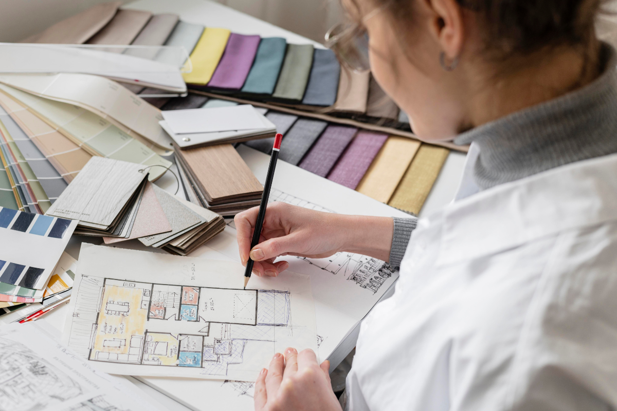 Mulher desenhando um projeto de arquitetura de interiores em um papel sobre uma mesa repleta de retalhos coloridos.