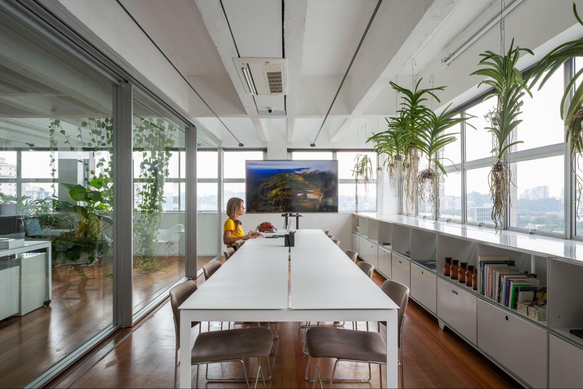 Ambientação de escritório em uma sala, com uma grande mesa e uma mulher trabalhando ao fundo.